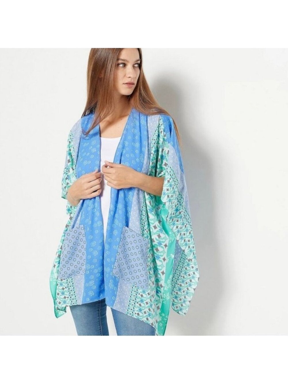 Susan Graver Cardigan S Woven Open Front Light Patch Pockets Jade Blue A468674